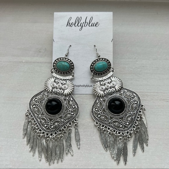 Boho Silver and Turquoise Tassel Oversized Dangle Retro Artsy Tribal Earrings - Picture 5 of 12